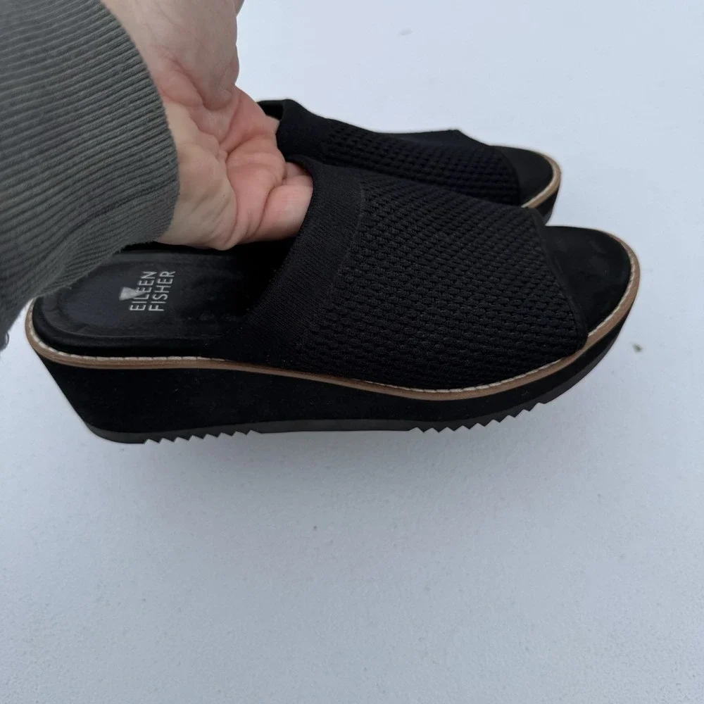 Eileen Fisher Telly Recycled Stretch Knit Wedge Sandal Sz 6‎ Slip On Black Rare